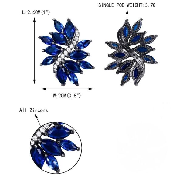 Carbon Black with Blue Sapphire and White Diamond CZ Floral Leaf Post Earrings - Picture 4 of 4